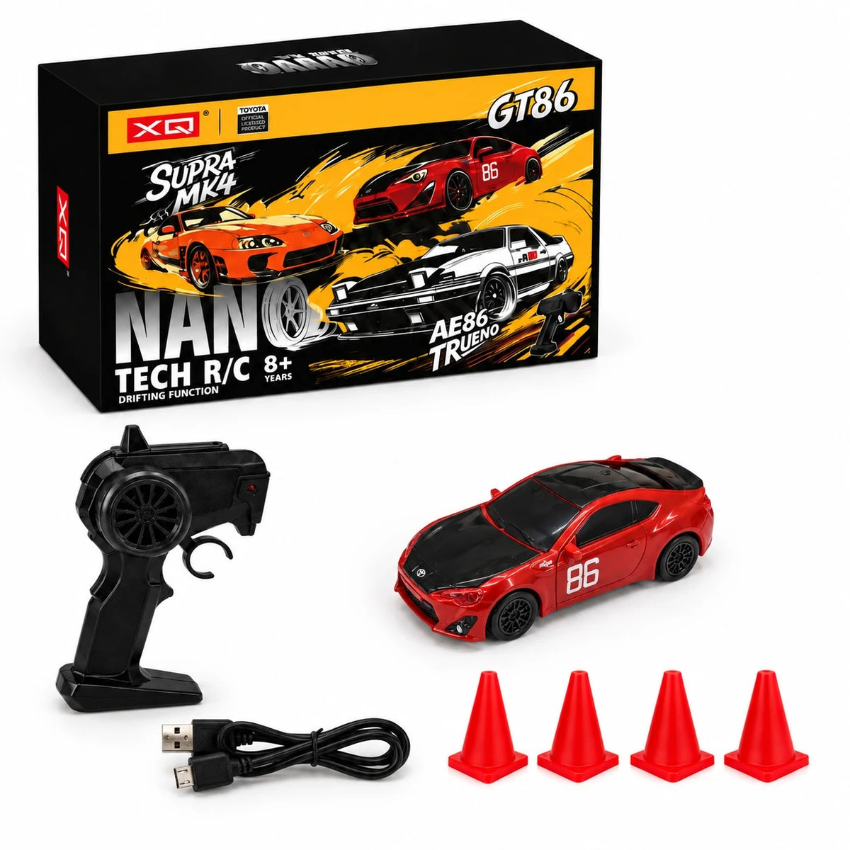 XQ Nano Tech R/C Toyota GT86 drift car with box, remote, cable and cones