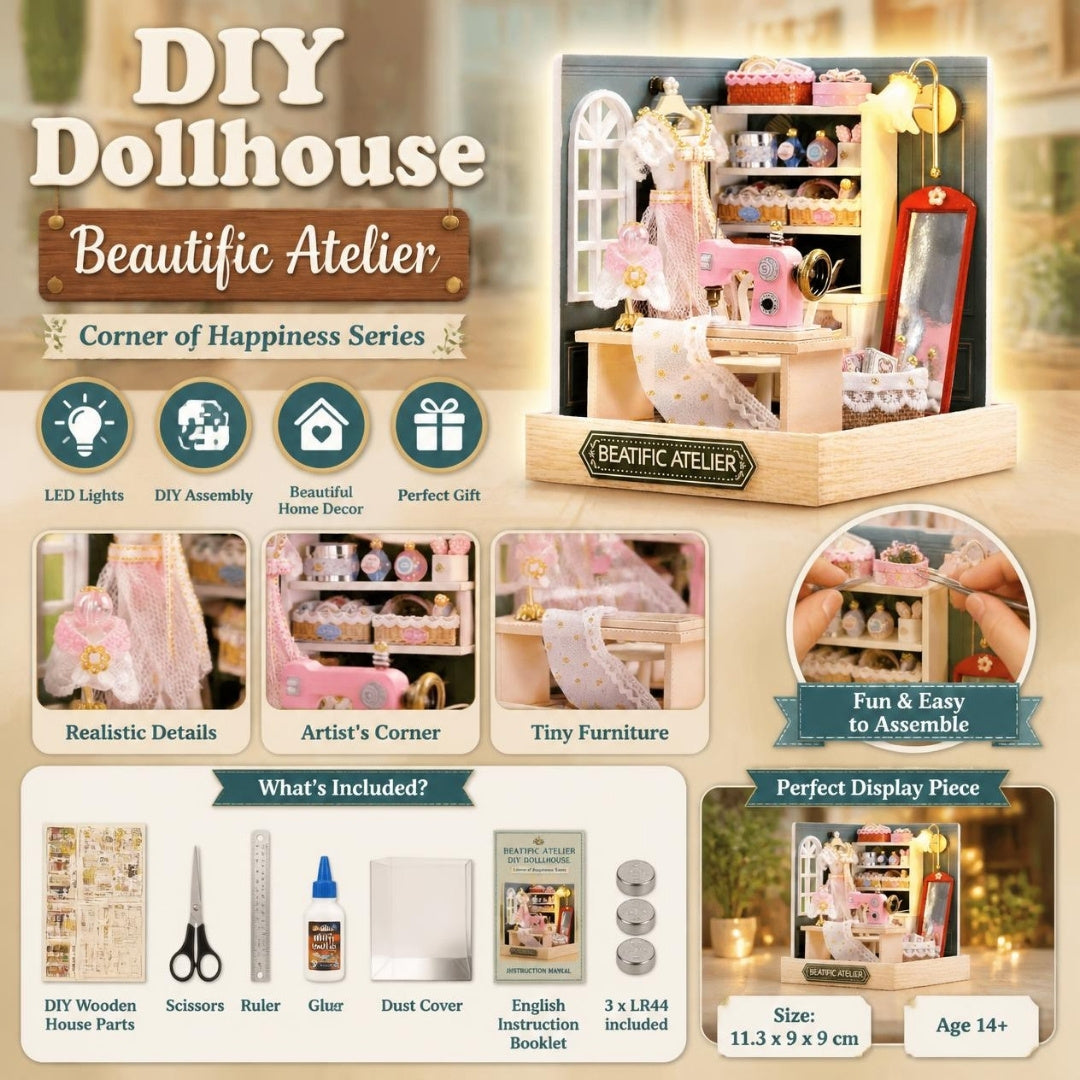 DIY Dollhouse Beautific Atelier miniature kit - what's included and features