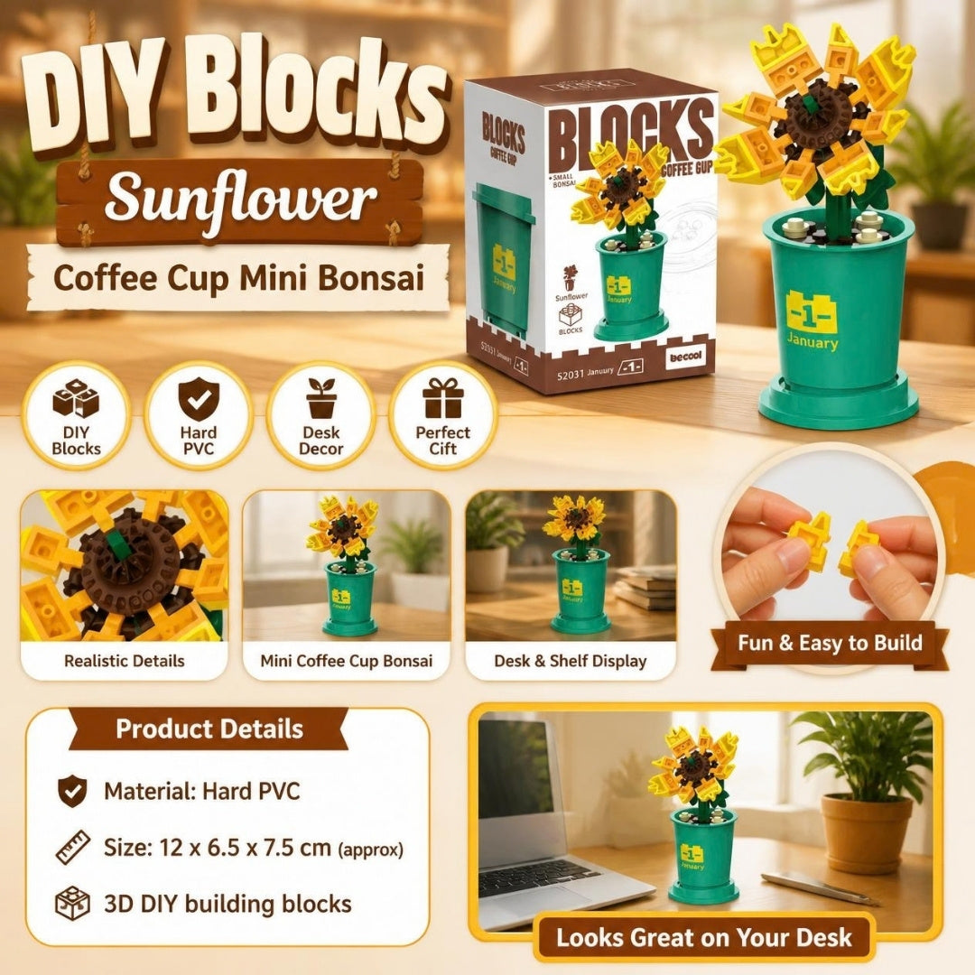 Decool 3D DIY Blocks Coffee Cup Mini Bonsai Sunflower - product details