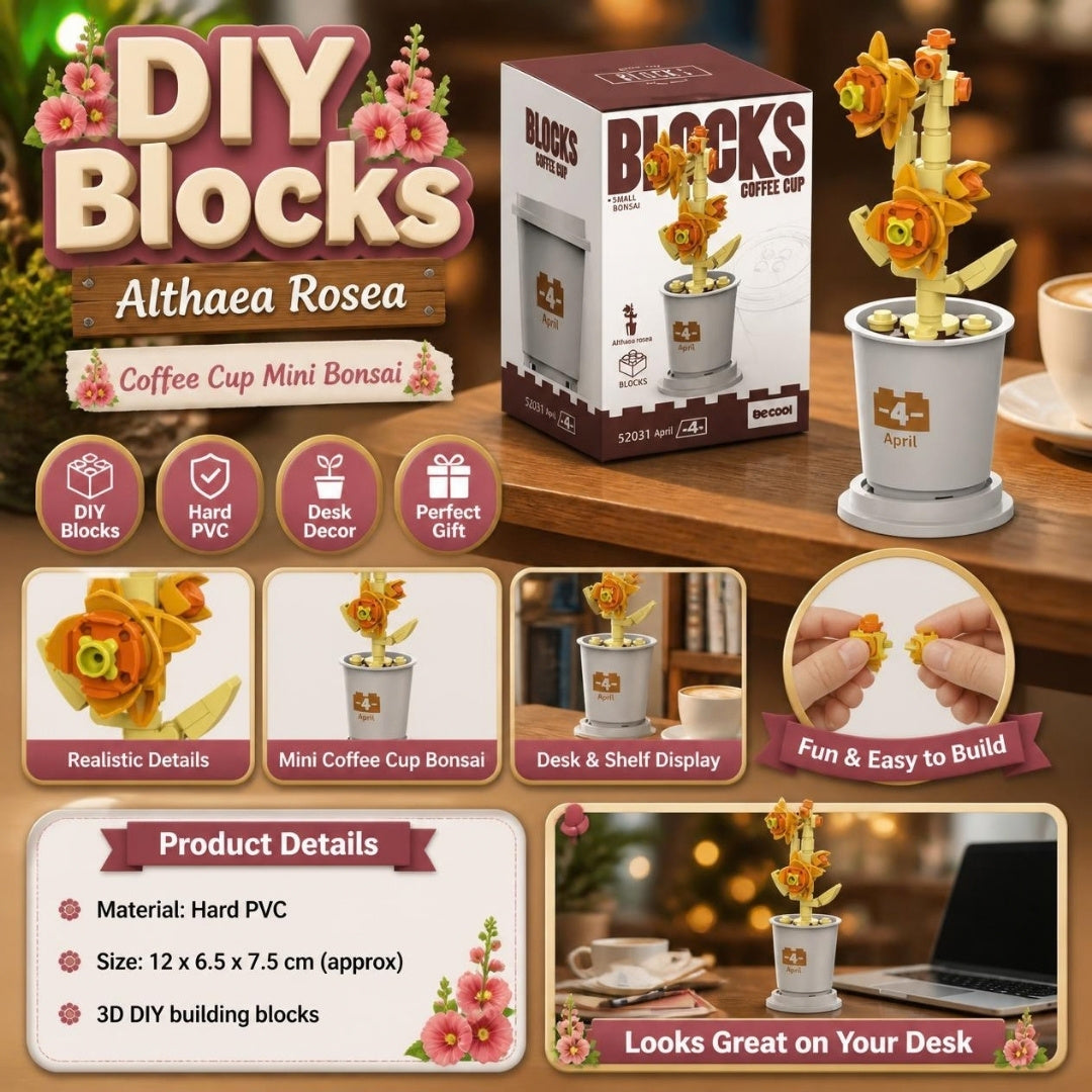 Decool 3D DIY Blocks Coffee Cup Mini Bonsai Althaea Rosea - product details
