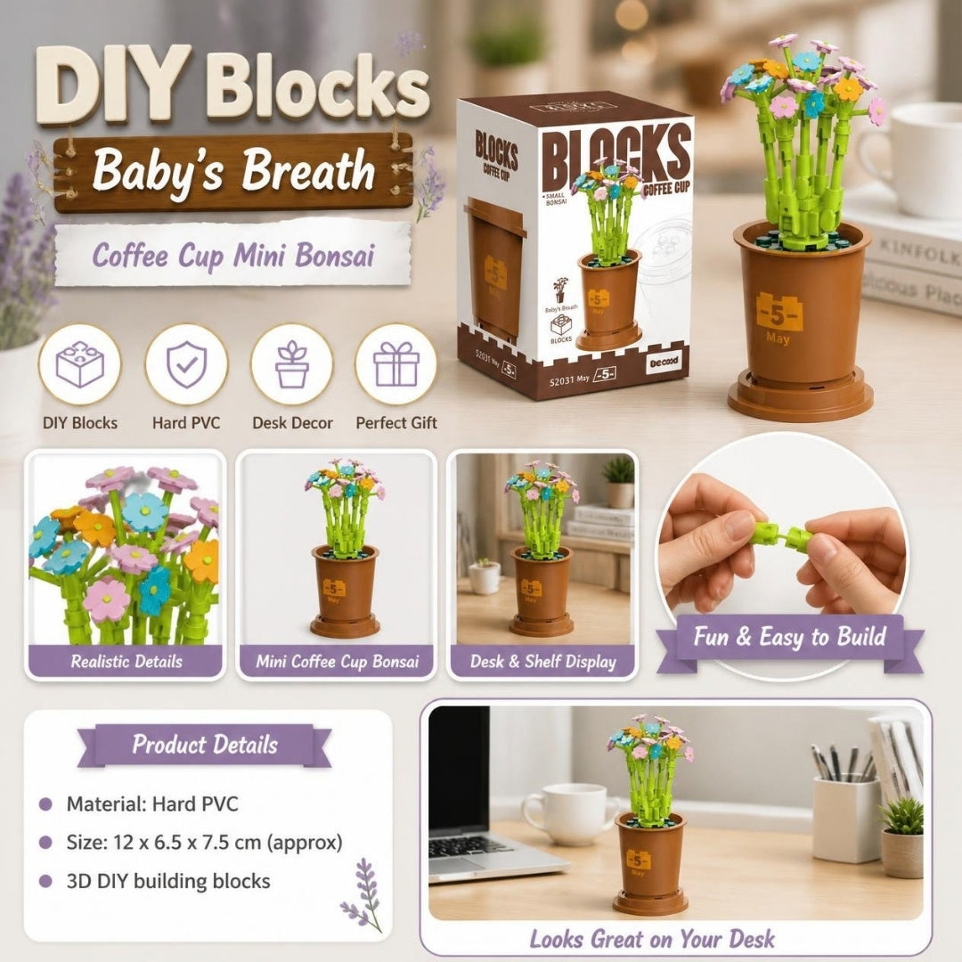 Decool 3D DIY Blocks Coffee Cup Mini Bonsai Baby's Breath - product details