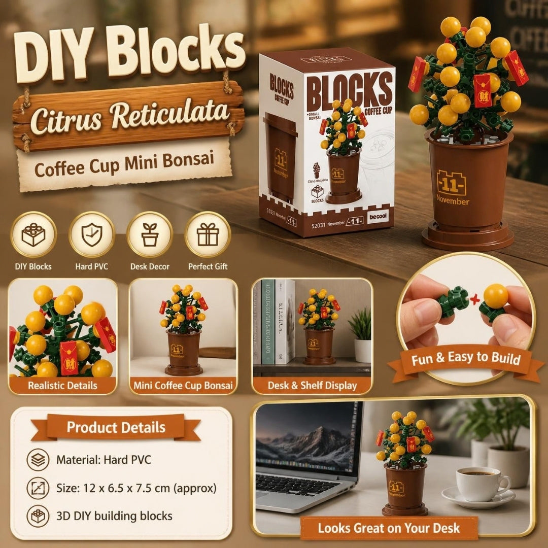 Decool 3D DIY Blocks Coffee Cup Mini Bonsai Citrus Reticulata - product details
