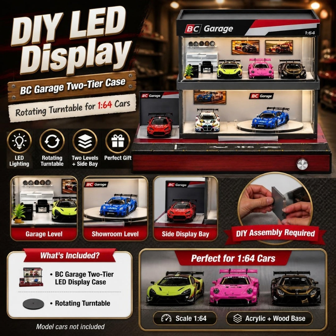 DIY BC Garage two-tier LED display case with rotating turntable - features