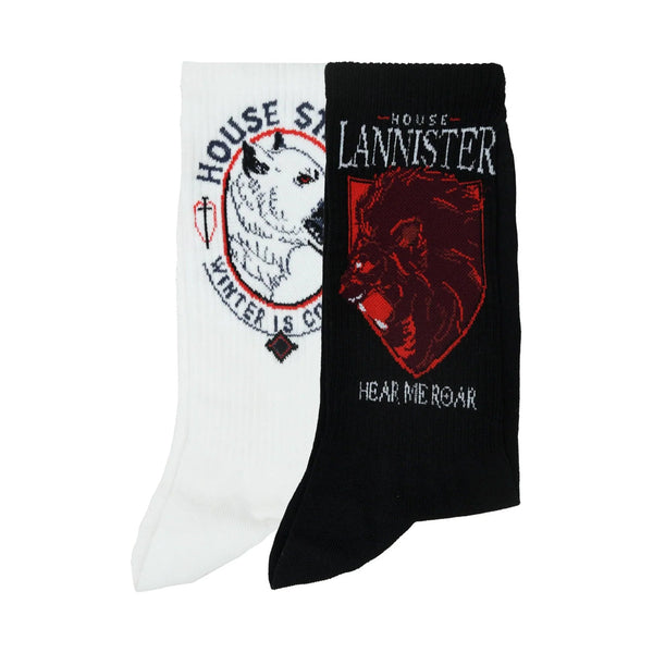 Game Of Thrones House Lannister Sigil & House Of Stark Crew Length Rib Socks For Men - White And Black - ThePeppyStore