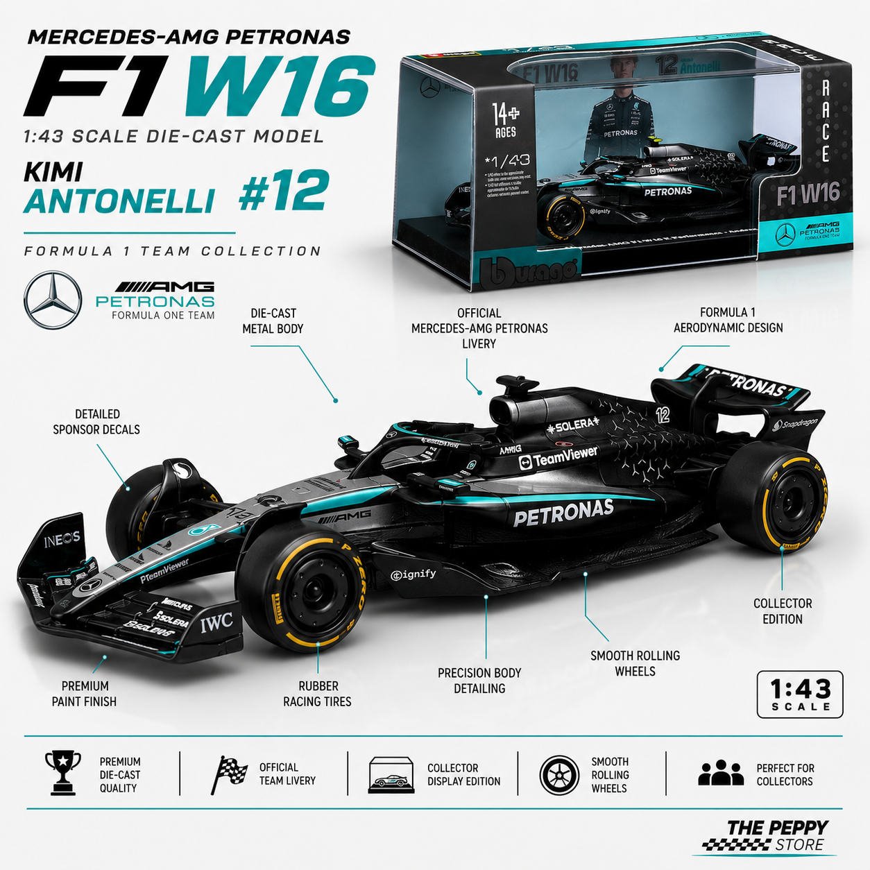 Official Bburago 2025 Mercedes-AMG W16 12 Kimi Antonelli Australia GP - Scale 1 : 43 Diecast Scale Model