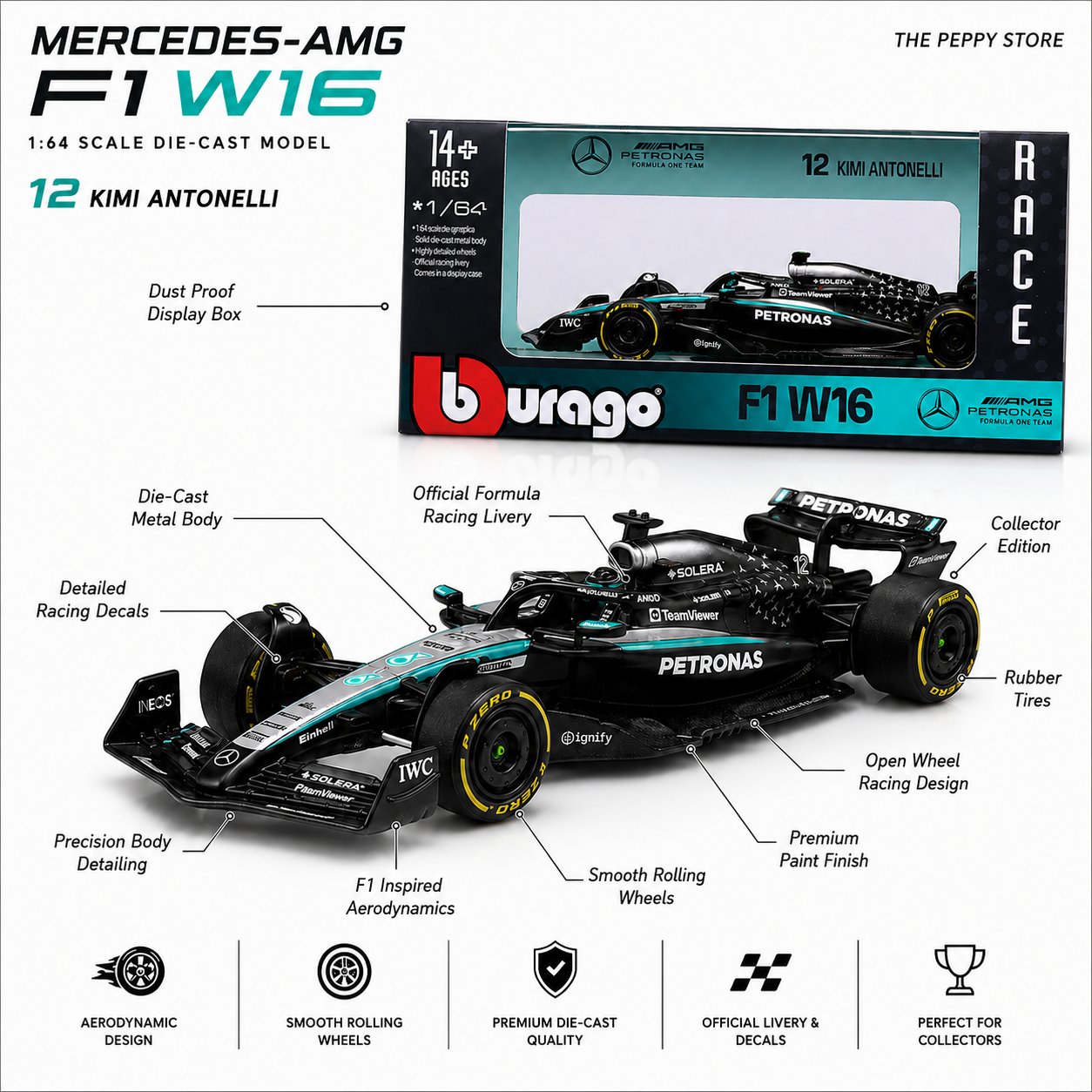 Official Bburago 2025 Mercedes-AMG W16 12 Kimi Antonelli - Scale 1 : 64 Diecast Scale Model