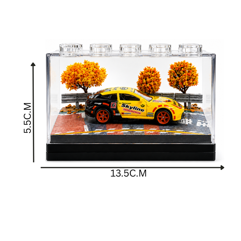 Yellow Racing Car Miniature  1:64 Diorama Display – Premium Trackside Scene with Acrylic Case |