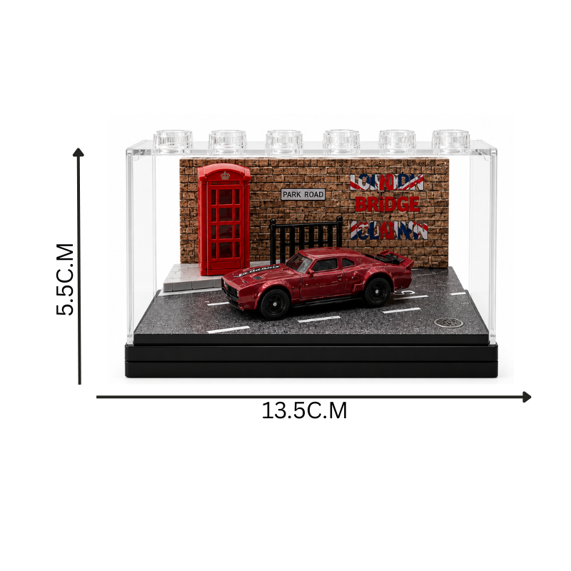 Red Muscle Car Miniature  1:64 Diorama Display – Premium Urban Street Scene with Acrylic Case |