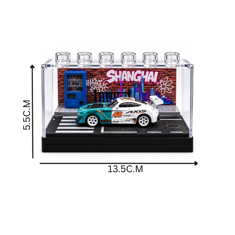 White & Teal Racing Car Miniature  1:64 Diorama Display – Premium Street Art Scene with Acrylic Case