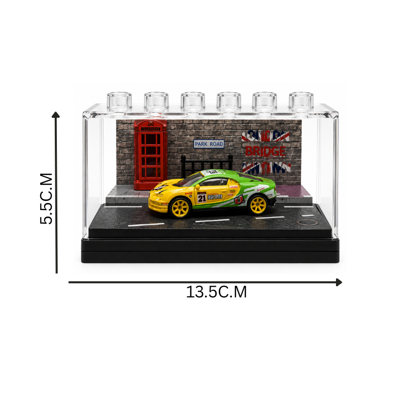 Yellow & Green Racing Car Miniature  1:64 Diorama Display – Premium Urban Street Scene with Acrylic Case
