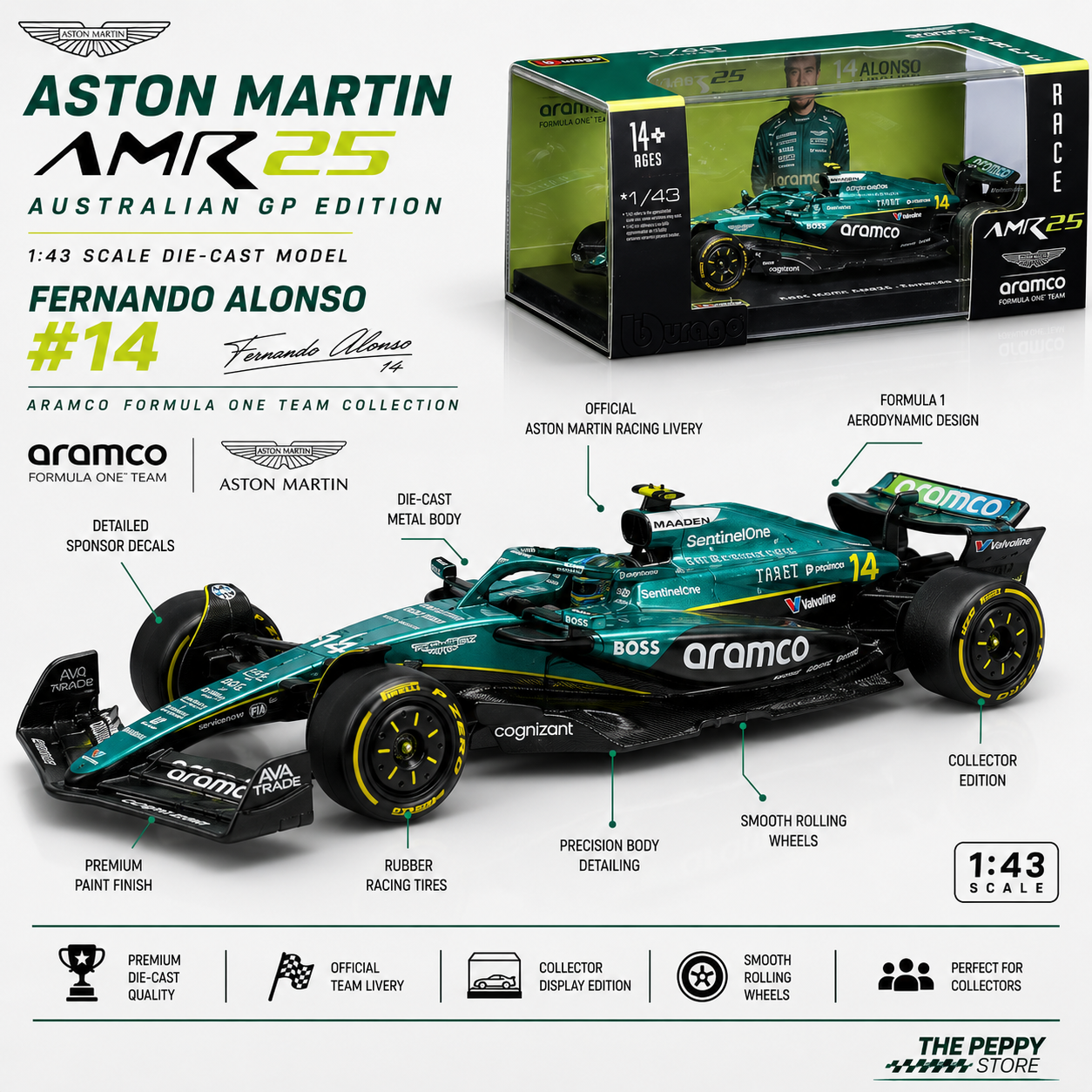 Official Bburago 2025 Aston-Martin AMR25 14 Fernando Alonso Australia GP - Scale 1 : 43 Diecast Scale Model