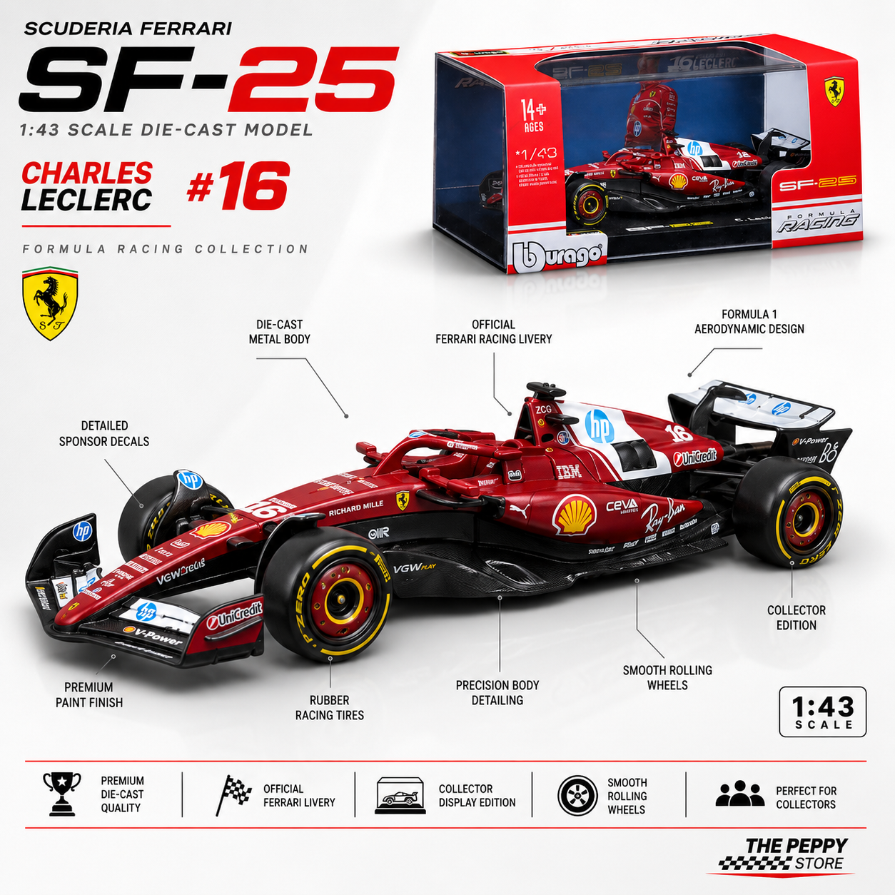 Official Bburago 2025 Ferrari SF-25 No. 16 Charles Leclerc Australia GP - Scale 1 : 43 Diecast Scale Model