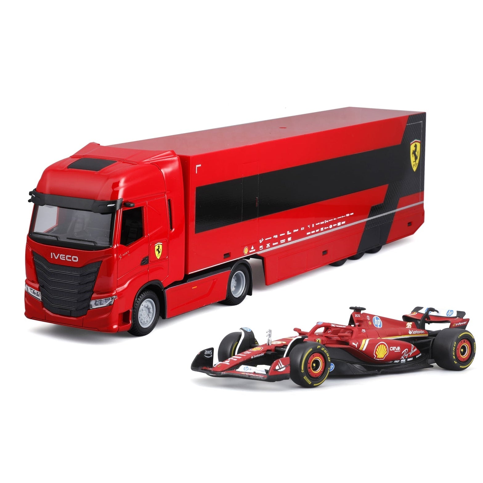 Bburago Ferrari SF-24 Charles Leclerc Racing Hauler Truck with Formula 1 Car 1:64 Diecast Model Car