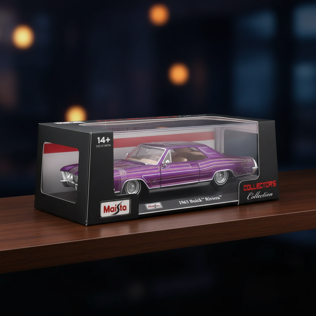 1965 Buick Riviera Custom Purple Lowrider 1:24 Scale Die-Cast Model Car with Acrylic Case