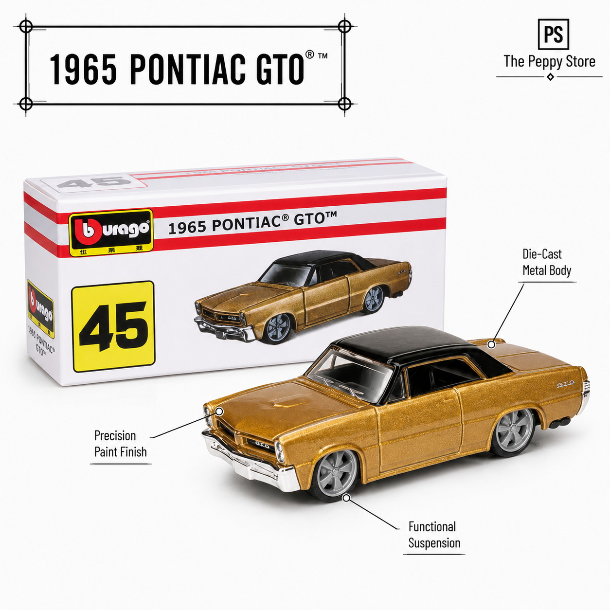 Official Bburago 1965 Pontiac GTO - 1 : 64 Diecast Scale Model