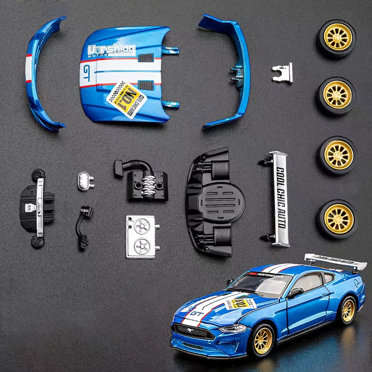 
1:42 Scale CCA Official Licensed Ford Mustang GT 2018 2-in-1 DIY Die-Cast Model Car Kit with Customizable Parts – Blue
