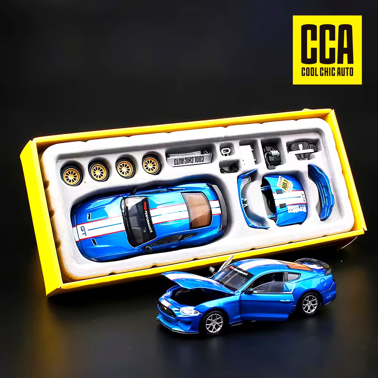 
1:42 Scale CCA Official Licensed Ford Mustang GT 2018 2-in-1 DIY Die-Cast Model Car Kit with Customizable Parts – Blue
