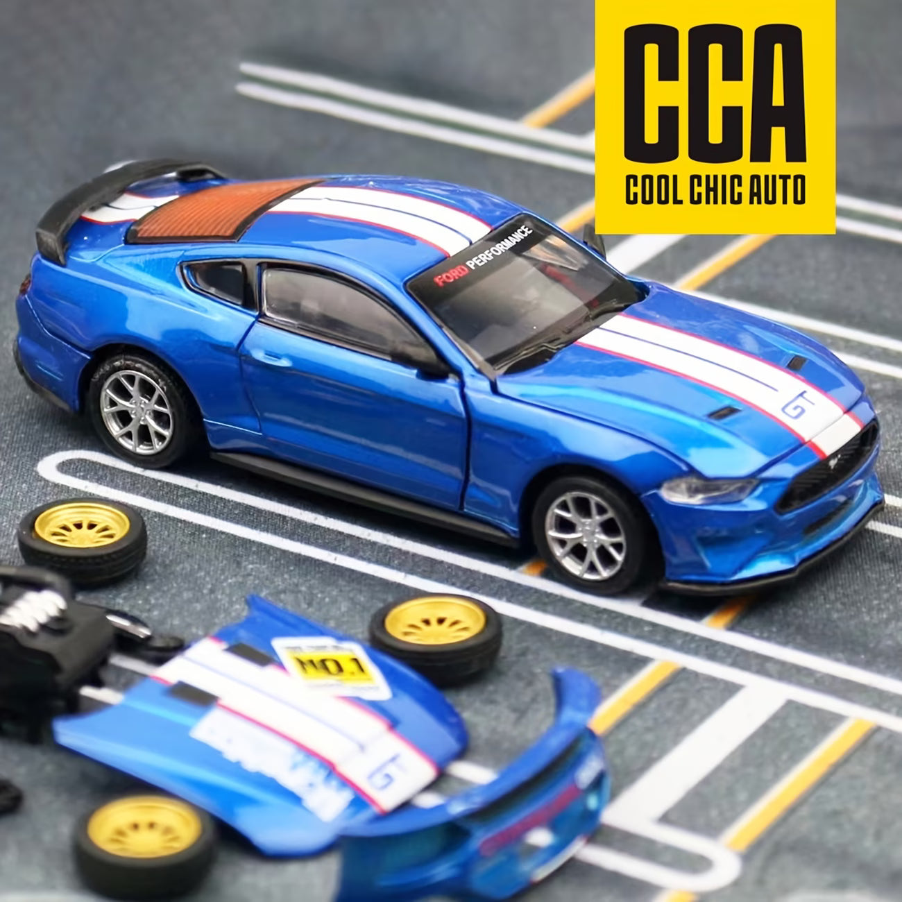 
1:42 Scale CCA Official Licensed Ford Mustang GT 2018 2-in-1 DIY Die-Cast Model Car Kit with Customizable Parts – Blue
