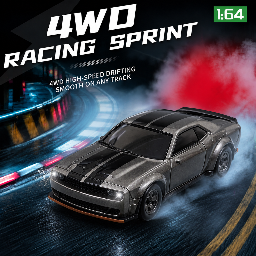 1:64 Scale 2.4G RC Racing Car with Wireless Remote, LED Headlights & Chassis Lights
