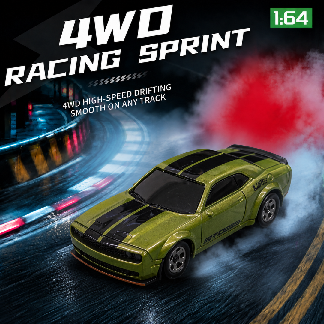 1:64 Scale Green RC Racing Car with Remote Control, LED Headlights & Chassis Lights, High-Speed Mini Sports Car with 4 Racing Cones