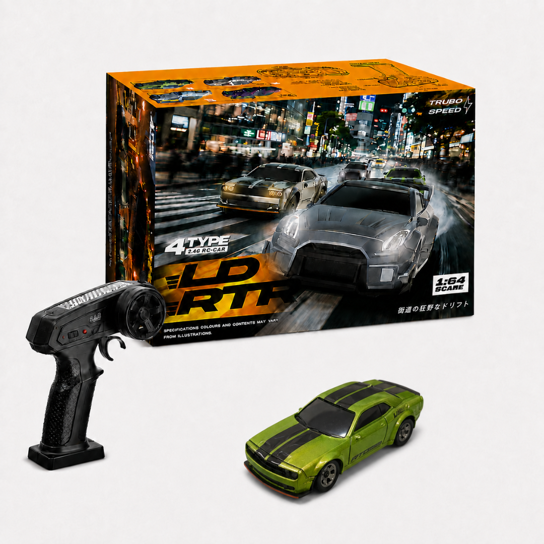 1:64 Scale Green RC Racing Car with Remote Control, LED Headlights & Chassis Lights, High-Speed Mini Sports Car with 4 Racing Cones