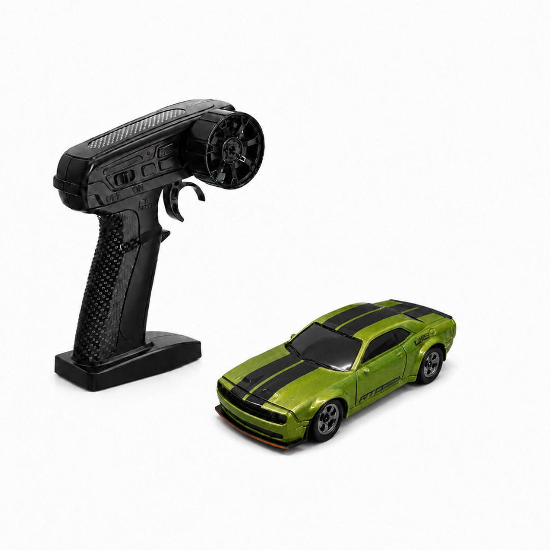 1:64 Scale Green RC Racing Car with Remote Control, LED Headlights & Chassis Lights, High-Speed Mini Sports Car with 4 Racing Cones