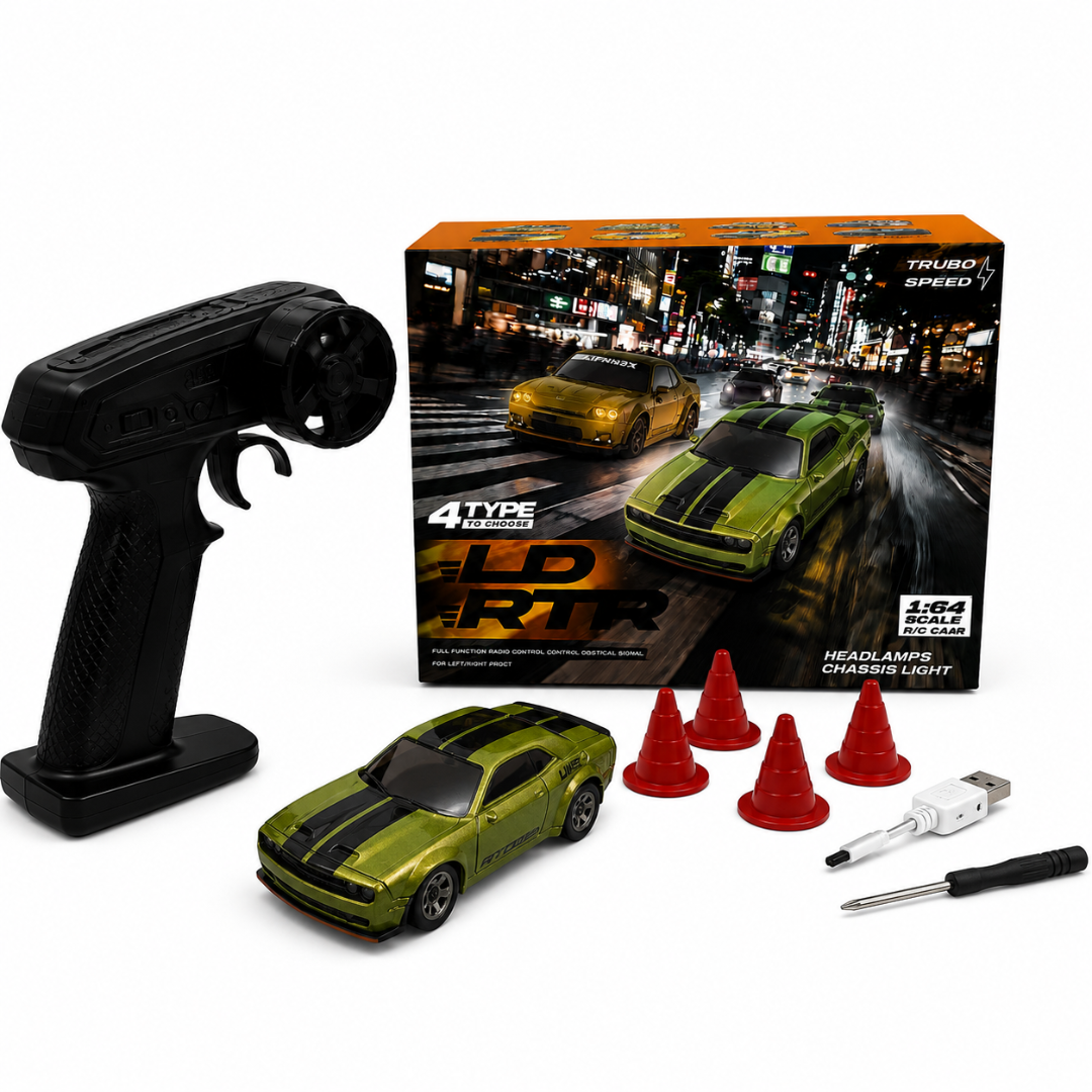 1:64 Scale Green RC Racing Car with Remote Control, LED Headlights & Chassis Lights, High-Speed Mini Sports Car with 4 Racing Cones