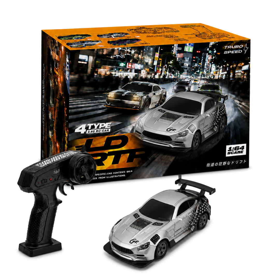 1:64 Scale RC Racing Car with Remote Control, LED Headlights & Chassis Lights, High-Speed Mini Sports Car with 4 Racing Cones