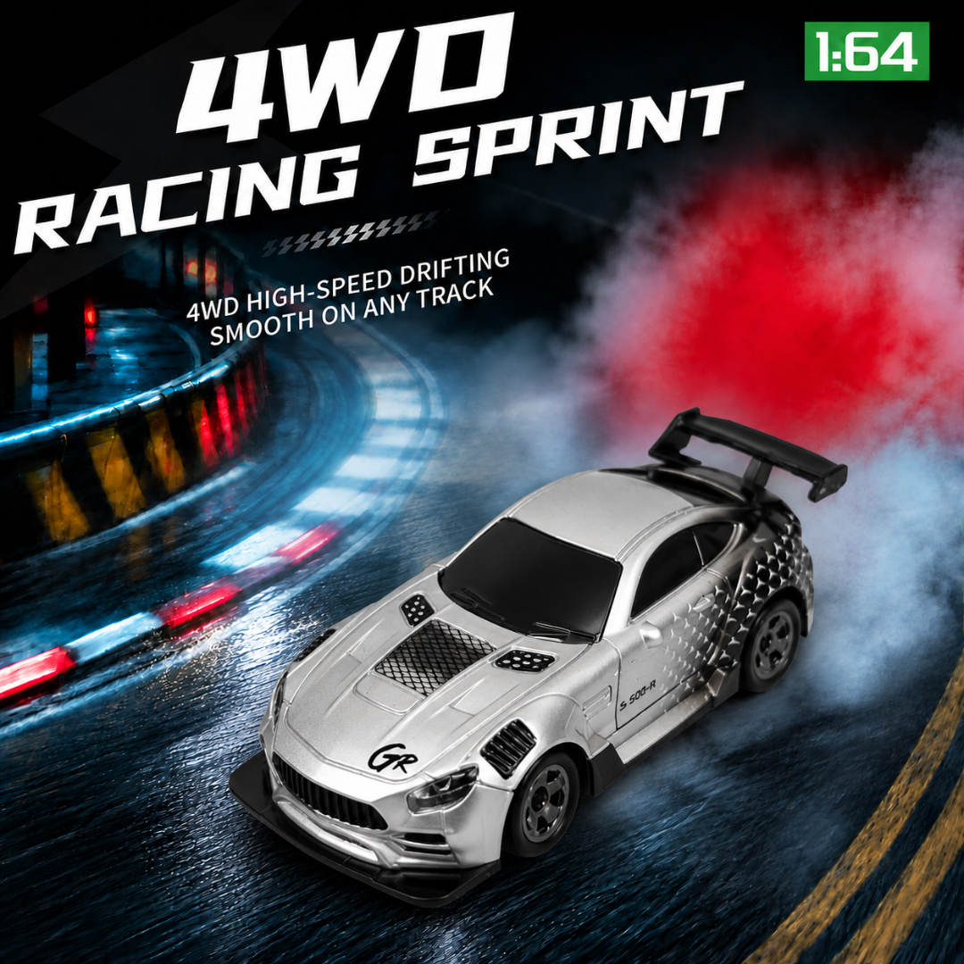 1:64 Scale RC Racing Car with Remote Control, LED Headlights & Chassis Lights, High-Speed Mini Sports Car with 4 Racing Cones