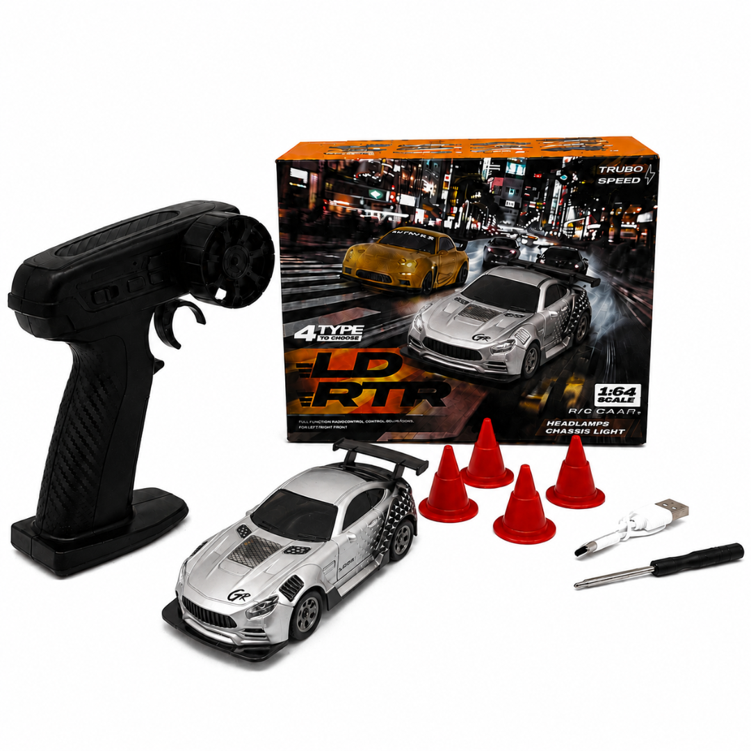 1:64 Scale RC Racing Car with Remote Control, LED Headlights & Chassis Lights, High-Speed Mini Sports Car with 4 Racing Cones