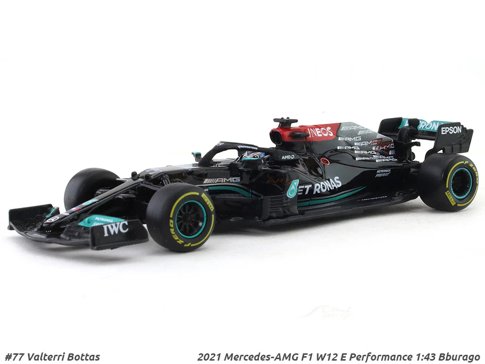 Bburago - 1/43 Scale Model Compatible with Mercedes Compatible with AMG W12 E Performance F1 Racing # 77 Compatible with Valtteri Bottas 2021 (Black)) - (No Cash On Delivery Allowed On This Product