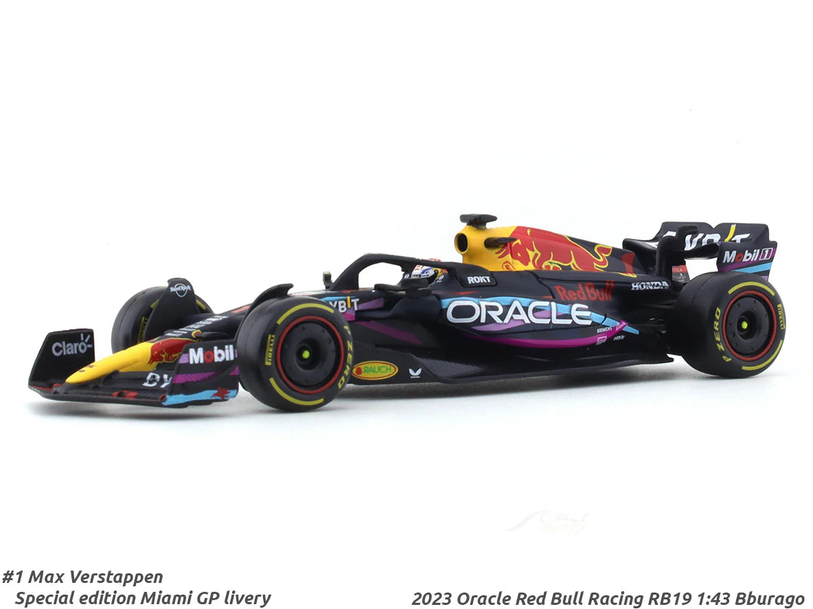 Bburago - 1/43 Scale Model - RedBull racing RB19 2023 #1 Max Verstappen Miami GP Formula 1 Diecast Car Model