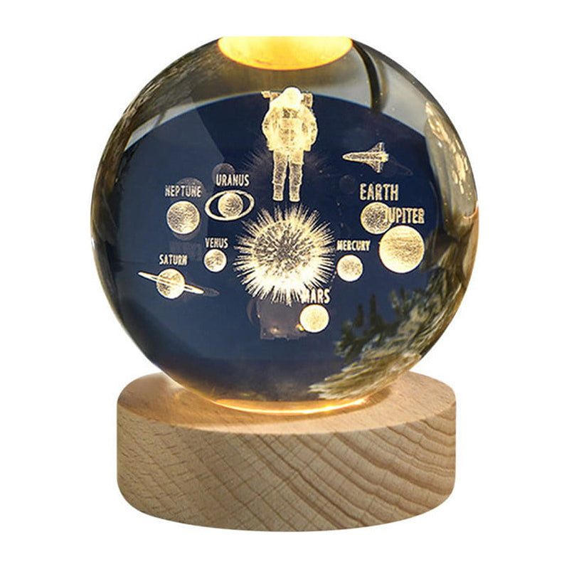 3D Crystal Astronaut With Planets Warm Led with Wood Base