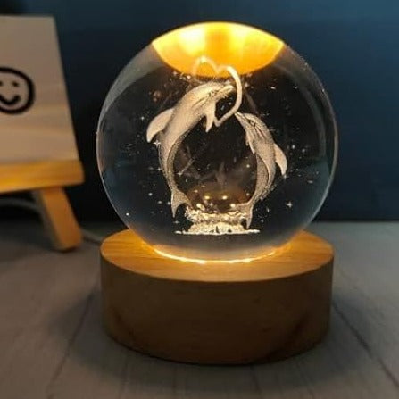 3D Crystal Love Dolphin With Warm Led with Wood Base