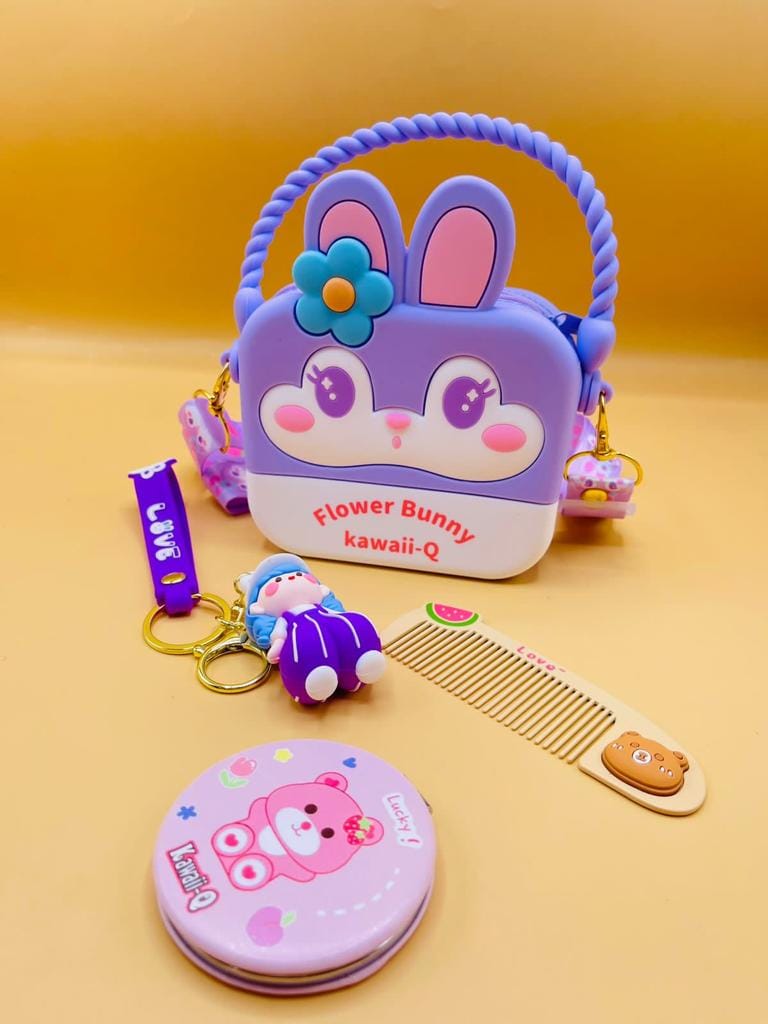 Cute Flower Bunny Combo For Kids With Mirror, Comb and Silicon Keychain - Lilac