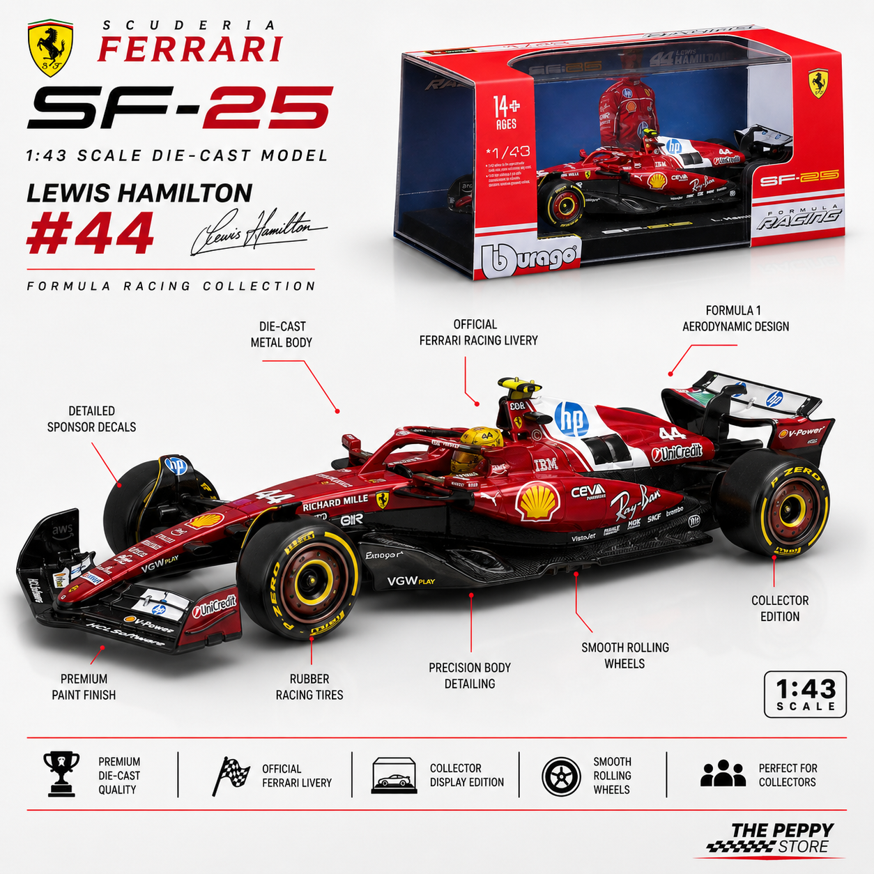 Official Bburago 2025 Ferrari SF-25 No 44 Lewis Hamilton Australia GP - Scale 1 : 43 Diecast Scale Model