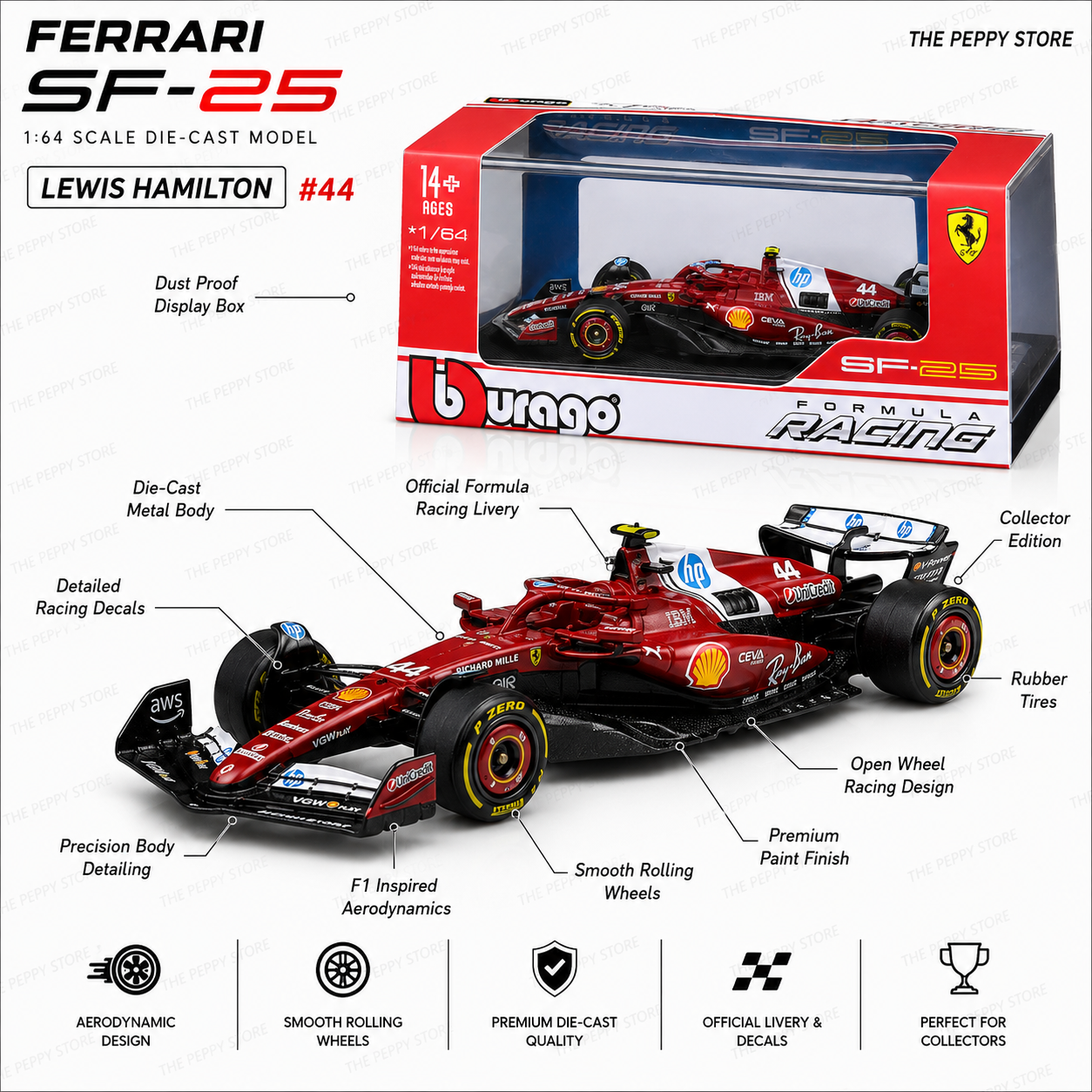 Official Bburago 2025 Ferrari SF-25 No 44 Lewis Hamilton Australia GP - Scale 1 : 64 Diecast Scale Model