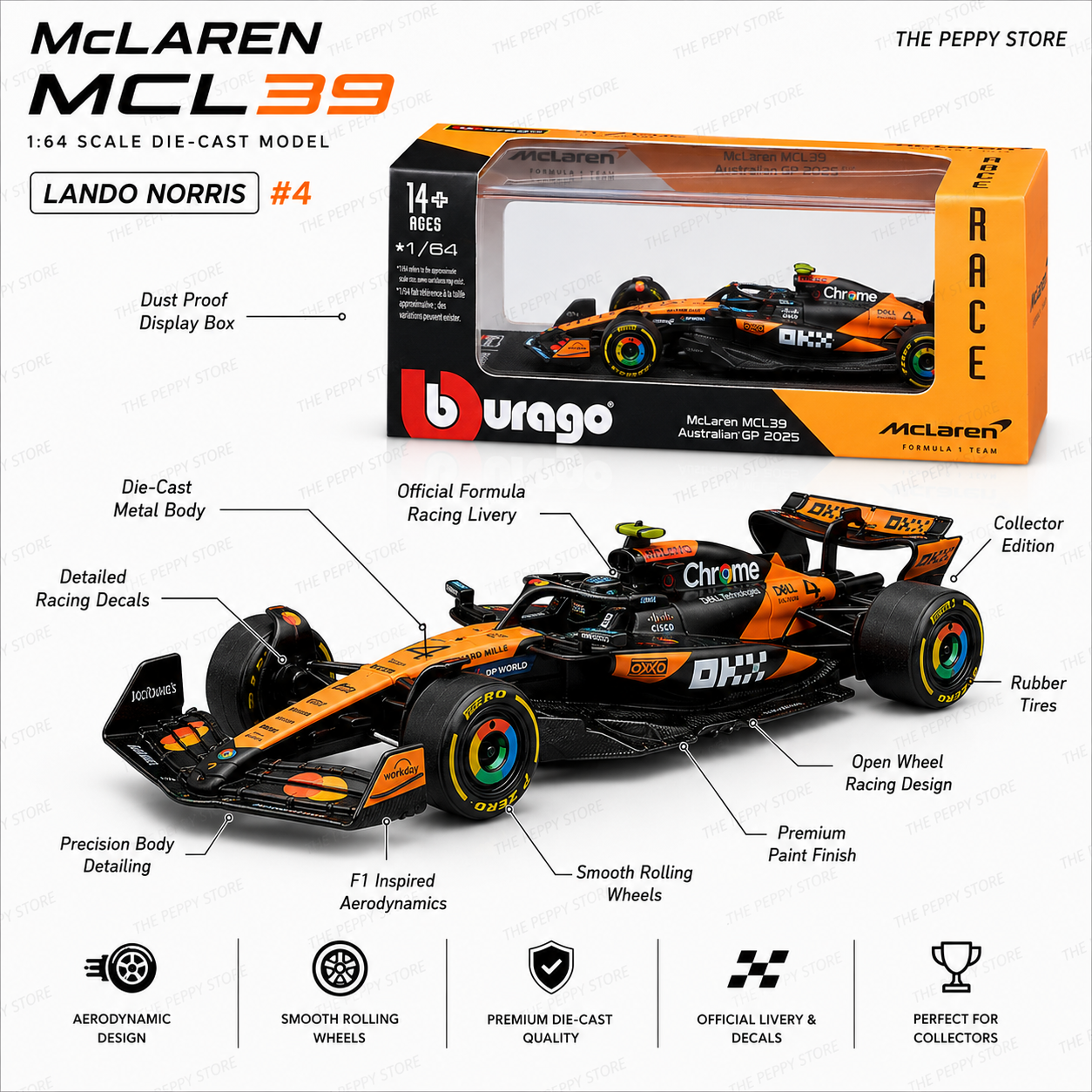 Official Bburago 2025  McLaren MCL39 Australia GP 4 Lando Norris Australia GP - Scale 1 : 64 Diecast Scale Model