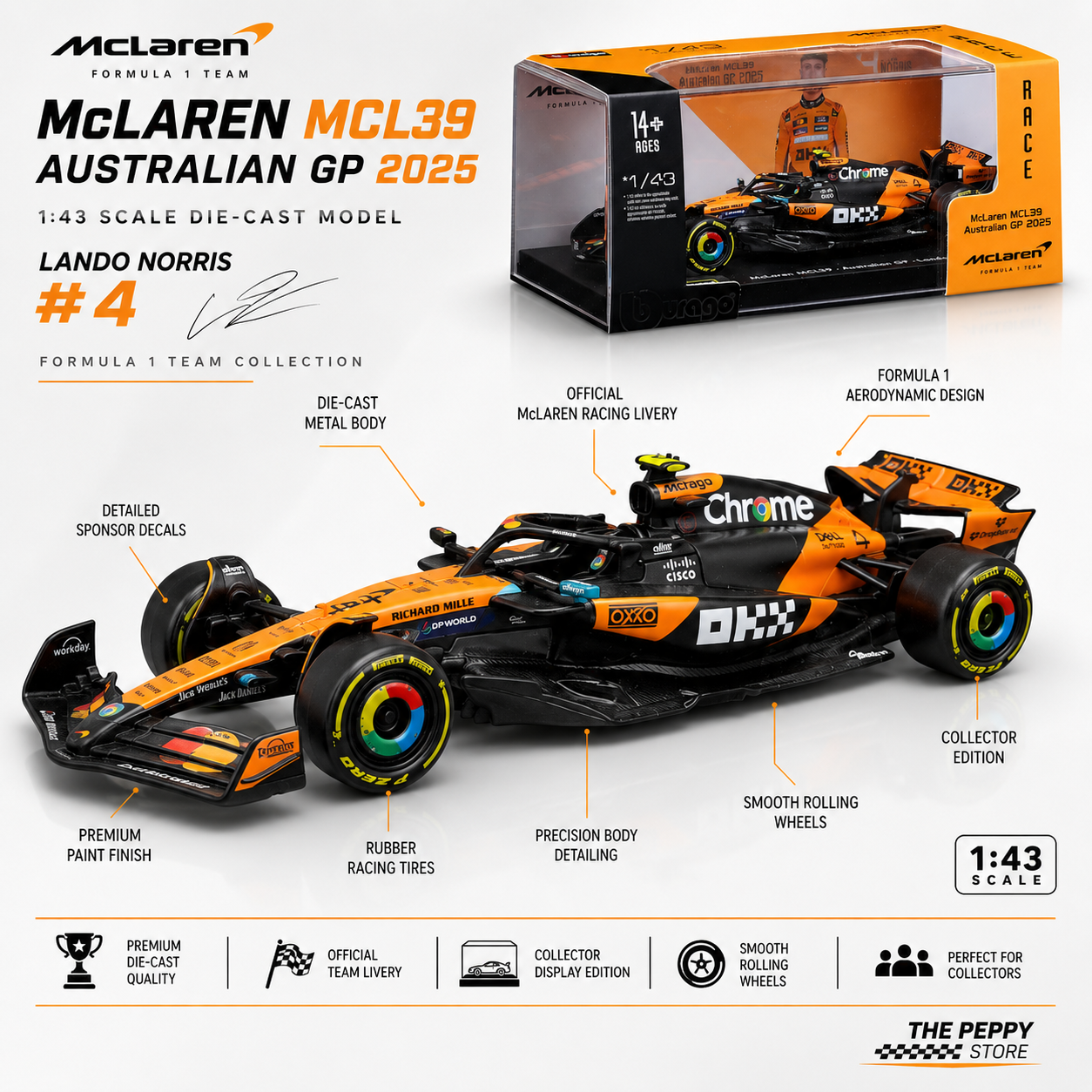 Official Bburago 2025 McLaren MCL39 4 Lando Norris Australia GP - Scale 1 : 43 Diecast Scale Model