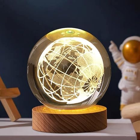 3D Crystal Earth Globe Warm Led with Wood Base