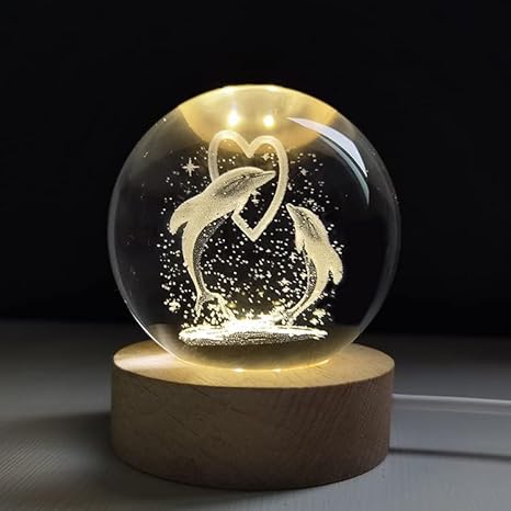 3D Crystal Love Dolphin With Warm Led with Wood Base