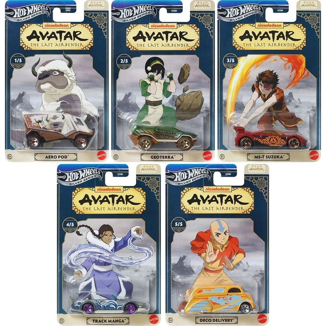 Hot Wheels Imported Avatar: The Last Airbender Silver Series 5-Pack (Aero Pod, Geoterra, MS-T Suzuka, Track Manga, Deco Delivery) 1:64 Diecast Model Car Set