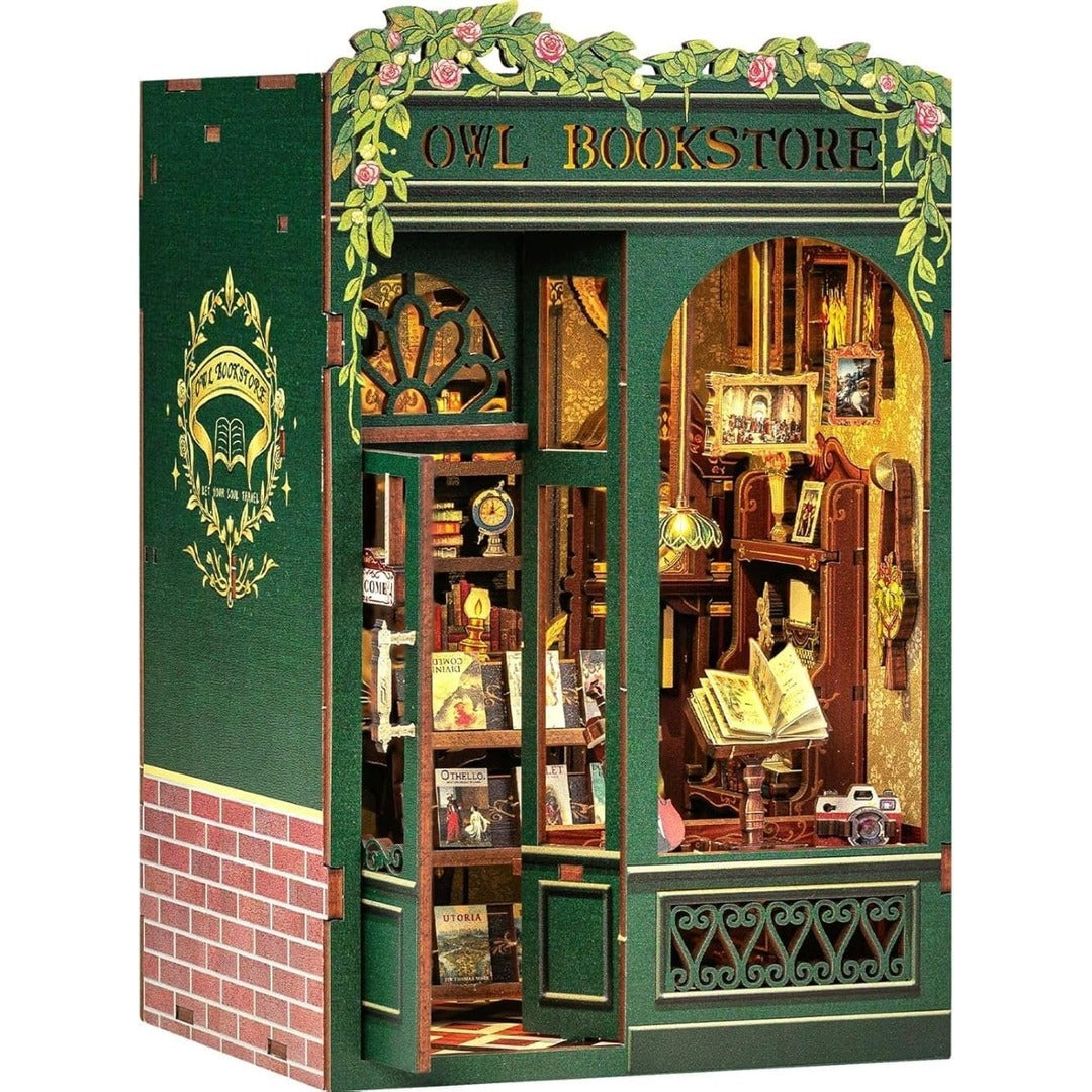 Cutebee Owl Bookstore DIY Book Nook Kit - 3D Wooden Miniature Bookshelf Insert with LED Light, Puzzle Craft Kit