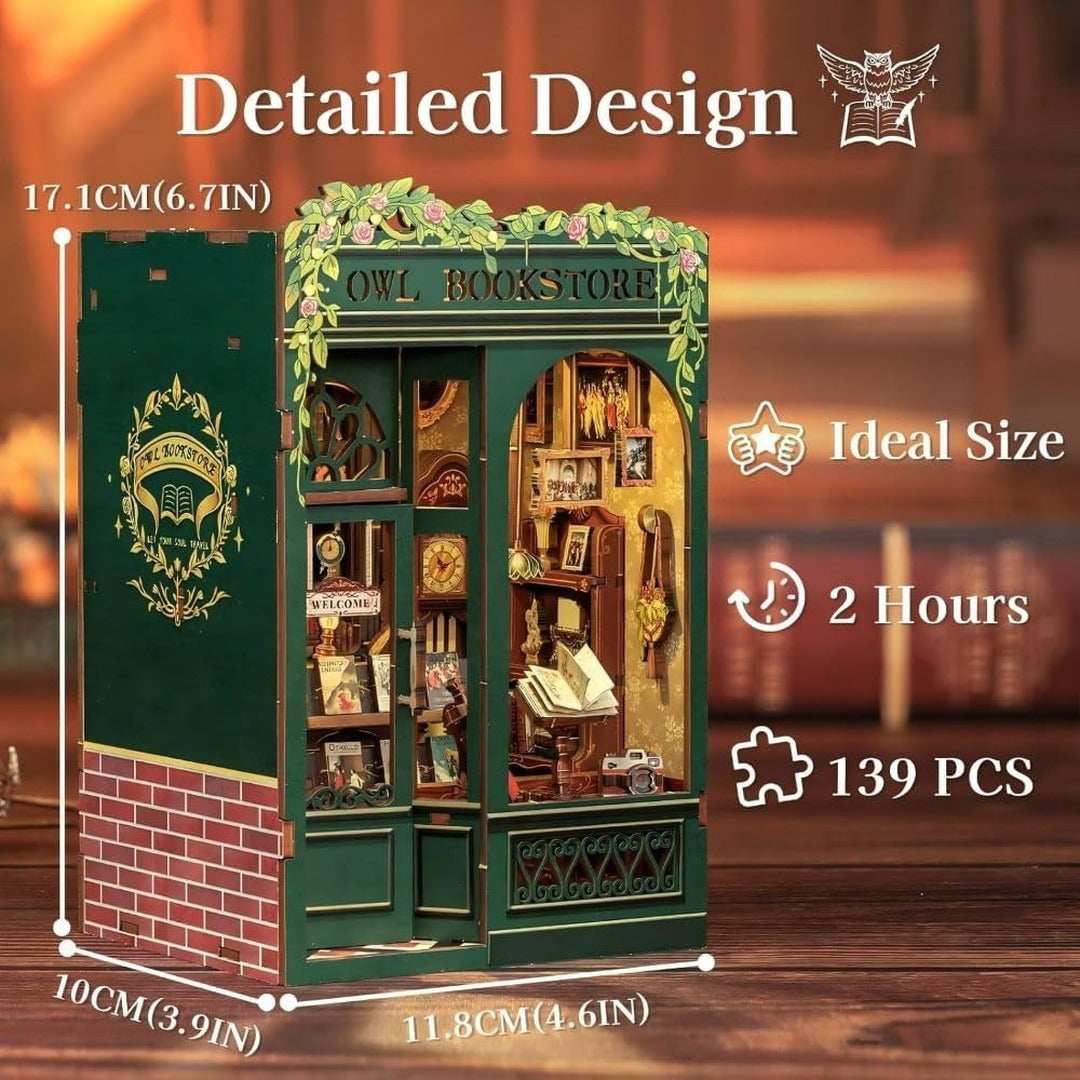 Cutebee Owl Bookstore DIY Book Nook Kit - 3D Wooden Miniature Bookshelf Insert with LED Light, Puzzle Craft Kit