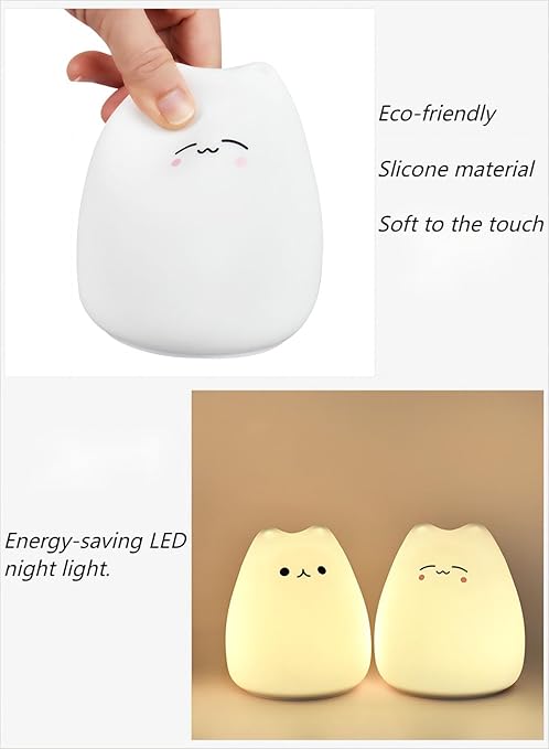 Cat Night Light 7 Colors, Silicone Squishy Cat Lamp, Battery Operated Night Lights, Tap Control, Energy Saving LED Lamp Cute Gifts for Christmas, Nursery Nightlight