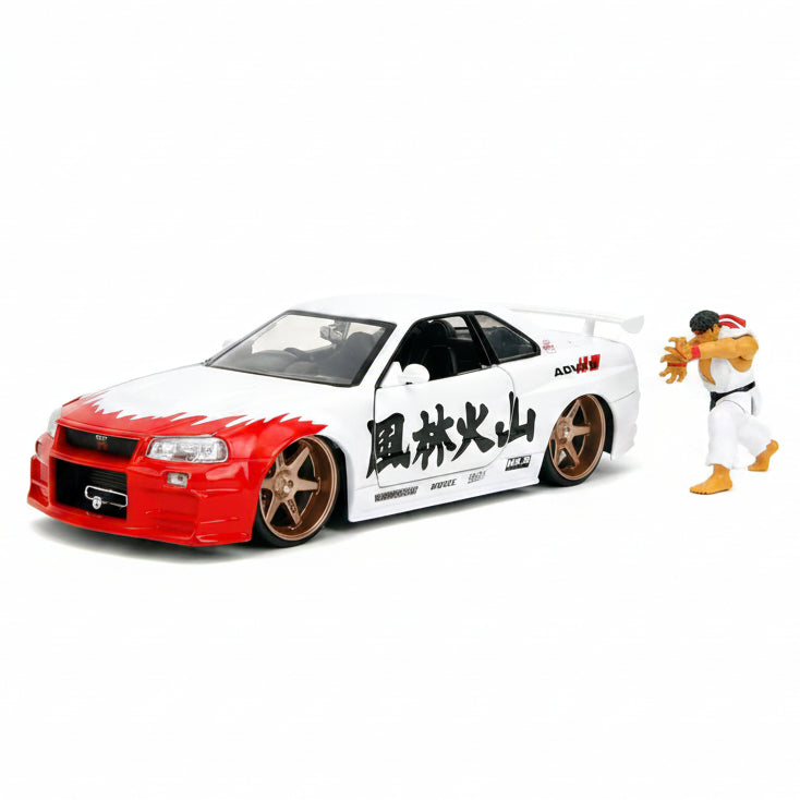 Jada Street Fighter Ryu 2002 Nissan Skyline GT-R (R34) 1:24 Diecast Model Car with Ryu Figure