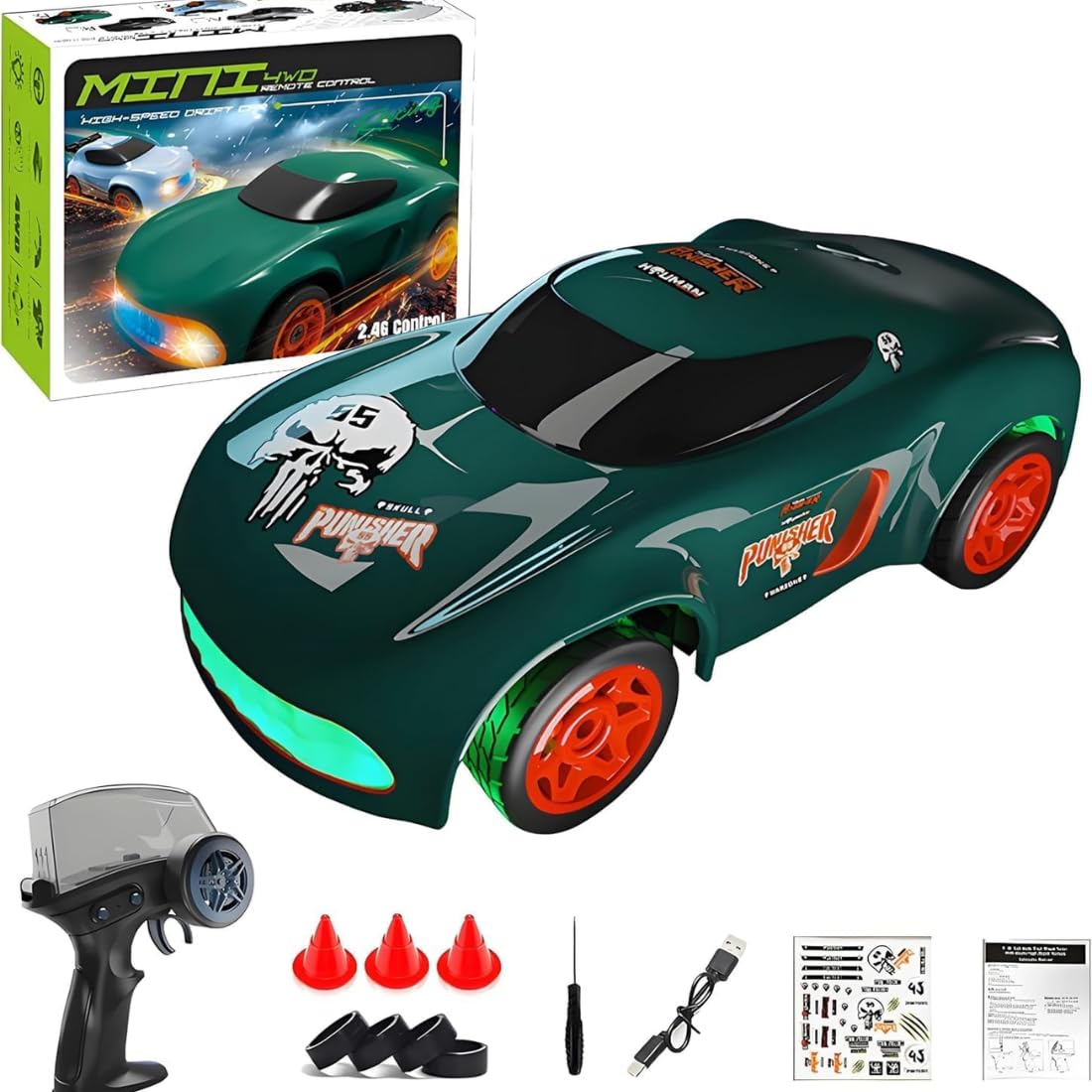 1:64 Mini RC Drift Car with RGB LED Lights | 2.4GHz High-Speed Remote Control Racing Car(Green)