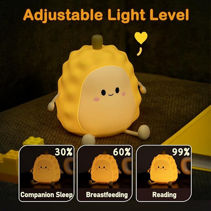 Night Light for Kids, Cute Silicone Durian Nursery Light for Baby Room and Toddler, Rechargeable LED Fruits Decor Nightlight for Girls and Boys, Portable Kawaii Lamp Birthday Gift