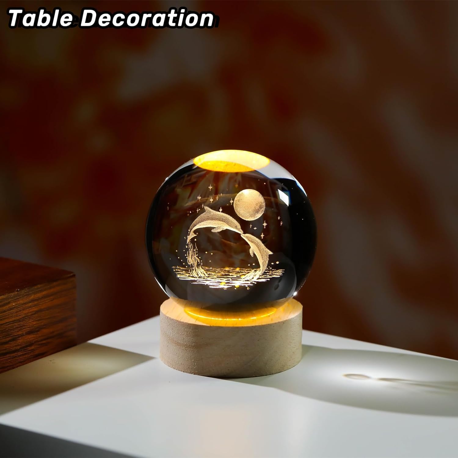 3D Crystal Moon Dolphin With Warm Led with Wood Base