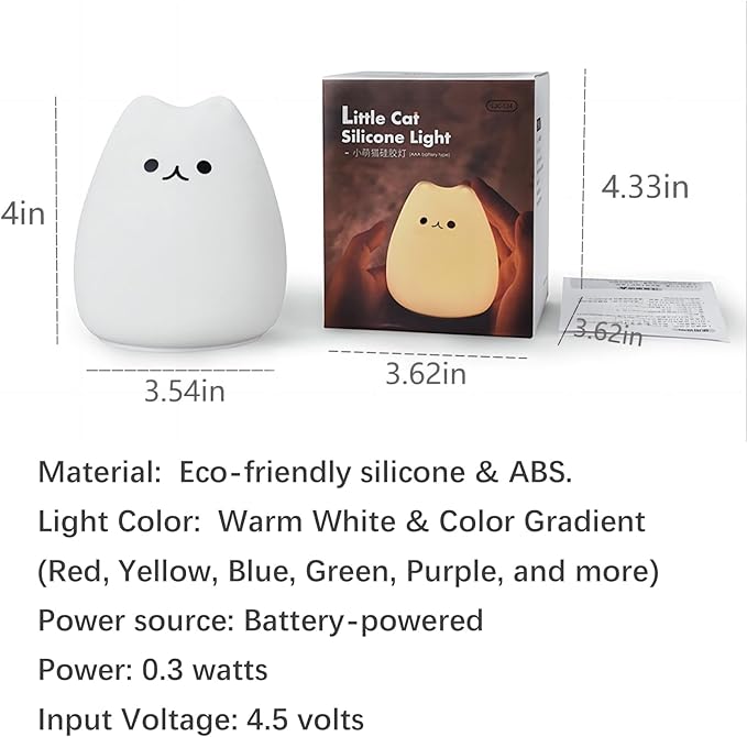 Cat Night Light 7 Colors, Silicone Squishy Cat Lamp, Battery Operated Night Lights, Tap Control, Energy Saving LED Lamp Cute Gifts for Christmas, Nursery Nightlight